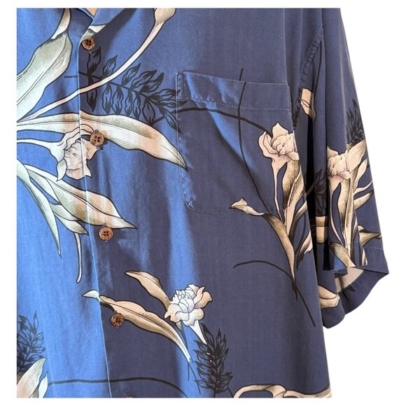 Mens Hilo Hattie Hawaiian Shirt Silk Blue Floral Button-Up Size 2XL Short Sleeve - Picture 2 of 7